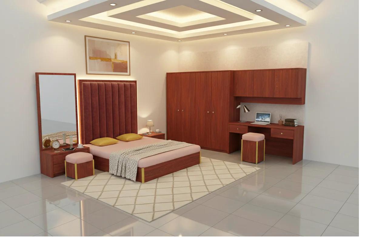 Minimalistic bedroom design with rosewood finishes